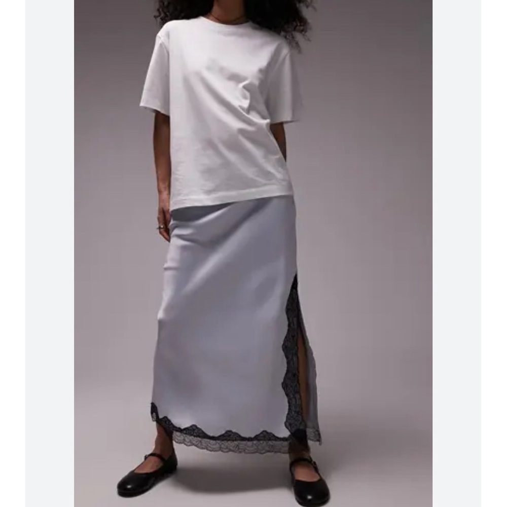 TOPSHOP Lace Trim Satin Maxi Skirt Light Blue Size 8 - Picture 2 of 10